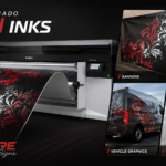 Canon Colorado UVgel printer producing custom graphics for banners, window graphics, vehicle graphics, and white ink applications, branded with Cold Fire Signs colors and logo.