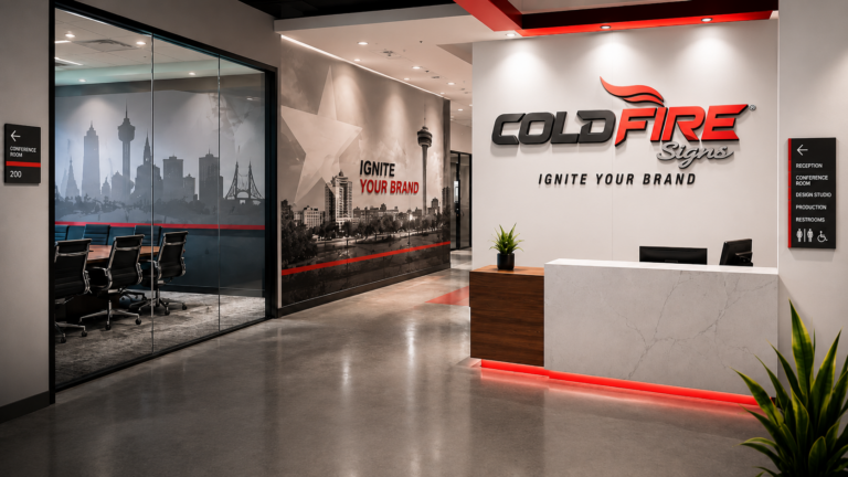 Modern branded office lobby featuring Cold Fire Signs dimensional logo, San Antonio wall mural, glass conference room graphics, wayfinding signs, and custom interior branding.